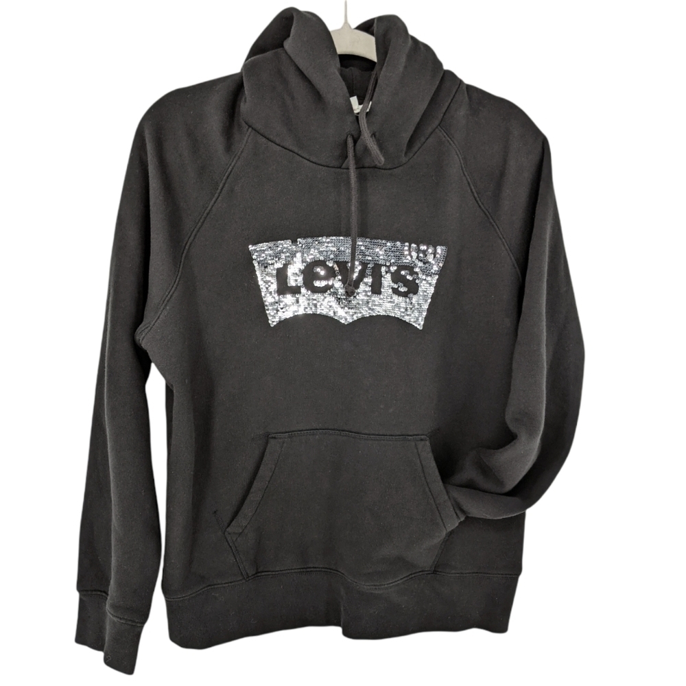 Levi's Pullover Hoodie Sweatshirt Sequin Logo Black Size Medium M